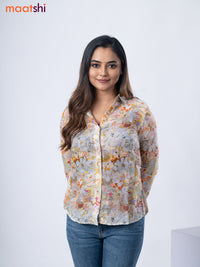 Women's shirt pastel grey and multi colour with allover floral prints and collar neck pattern