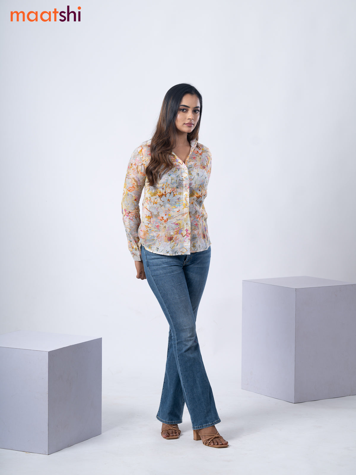 Women's shirt pastel grey and multi colour with allover floral prints and collar neck pattern