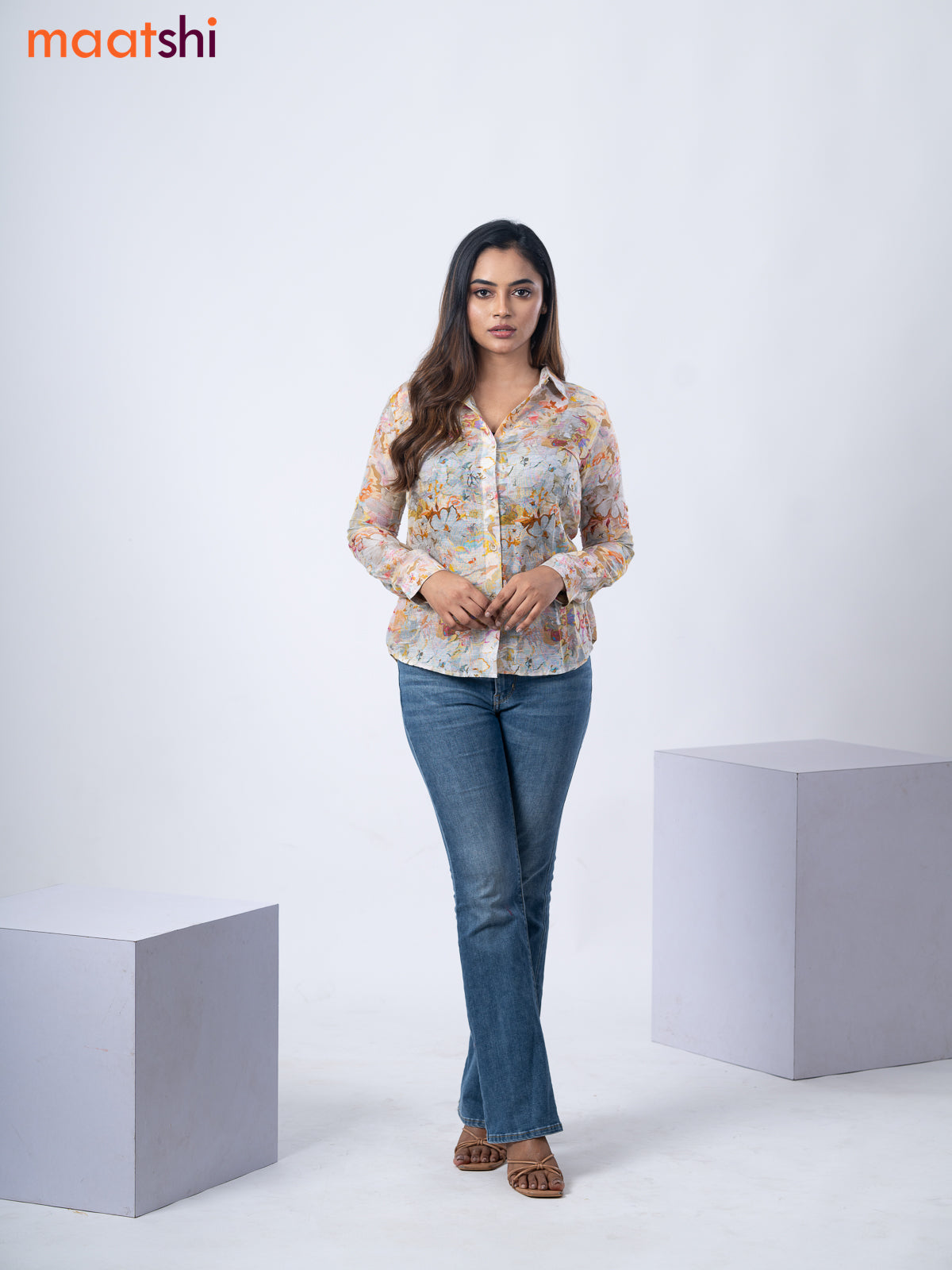 Women's shirt pastel grey and multi colour with allover floral prints and collar neck pattern