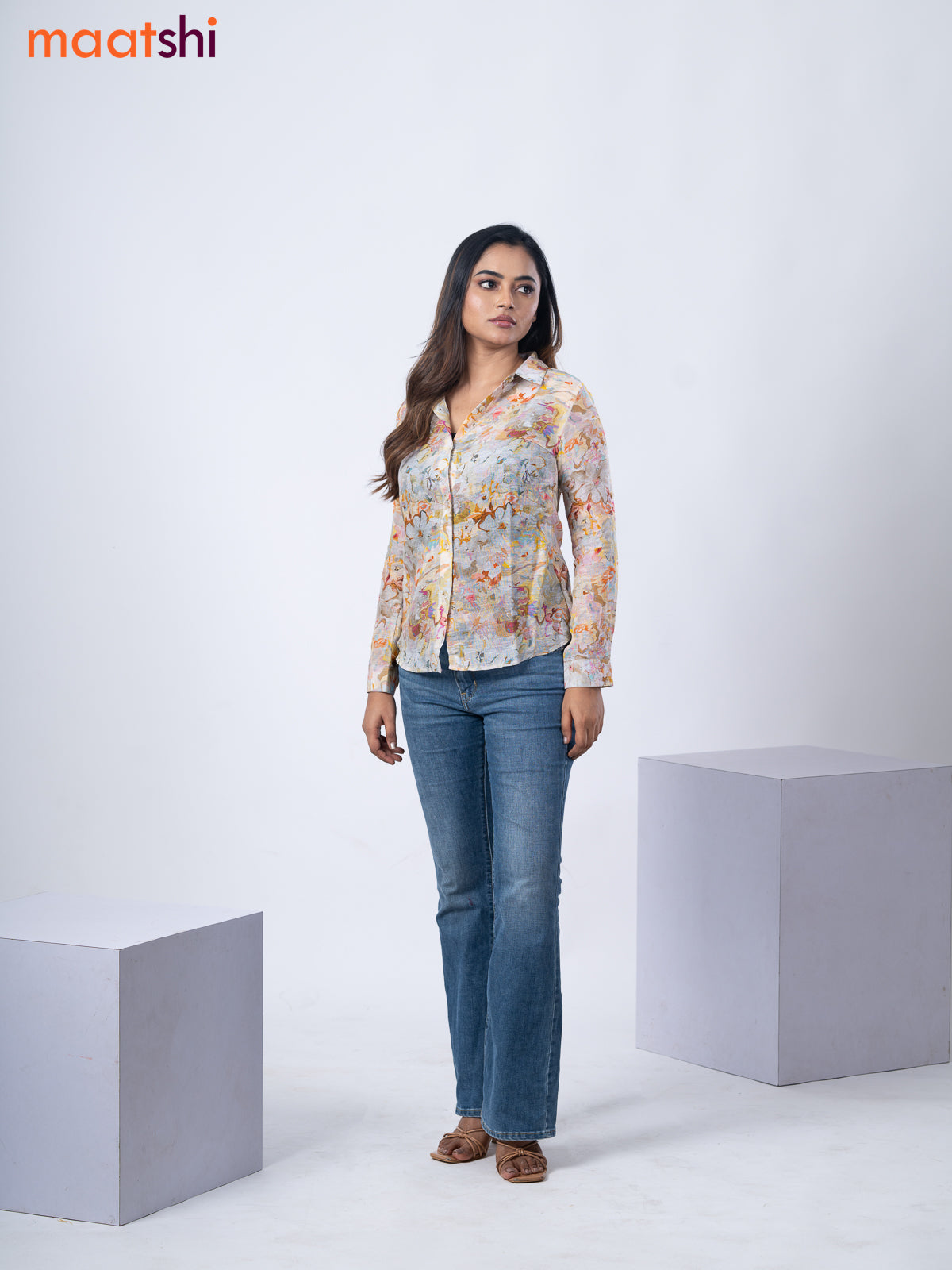 Women's shirt pastel grey and multi colour with allover floral prints and collar neck pattern