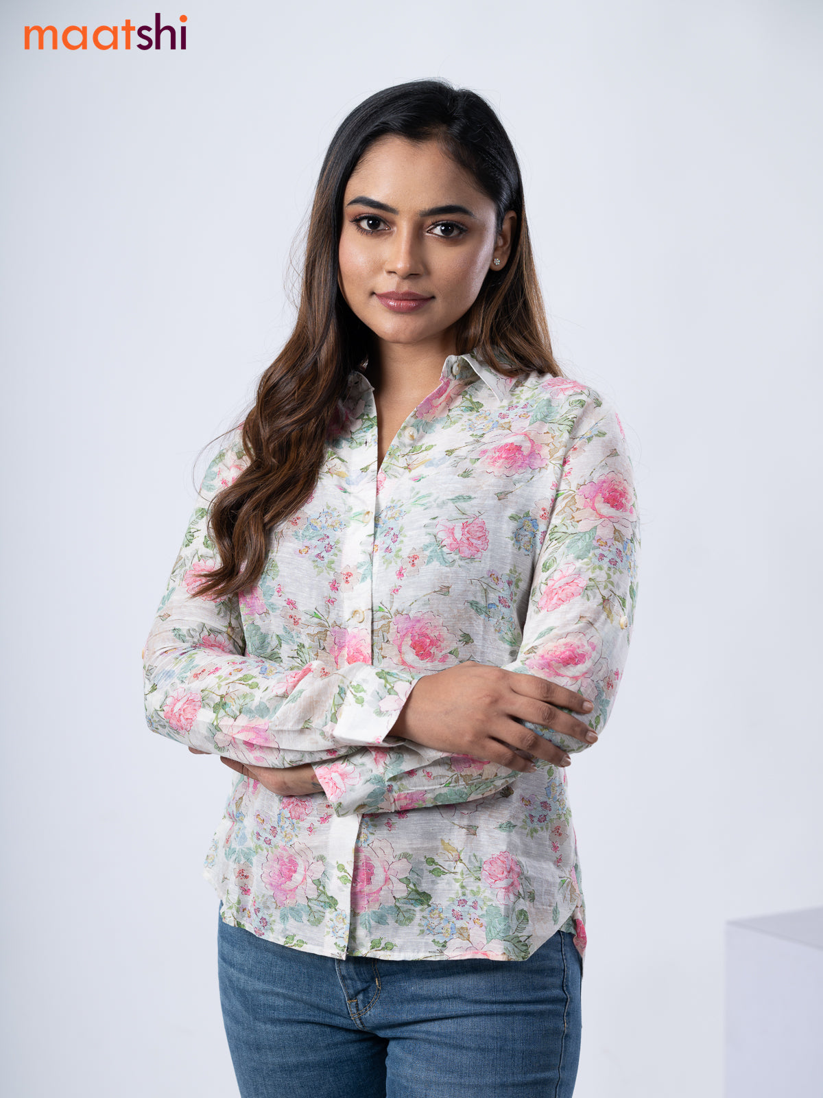 Women's shirt cream with allover floral prints and collar neck pattern