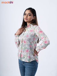 Women's shirt cream with allover floral prints and collar neck pattern