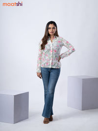 Women's shirt cream with allover floral prints and collar neck pattern