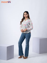 Women's shirt cream with allover floral prints and collar neck pattern