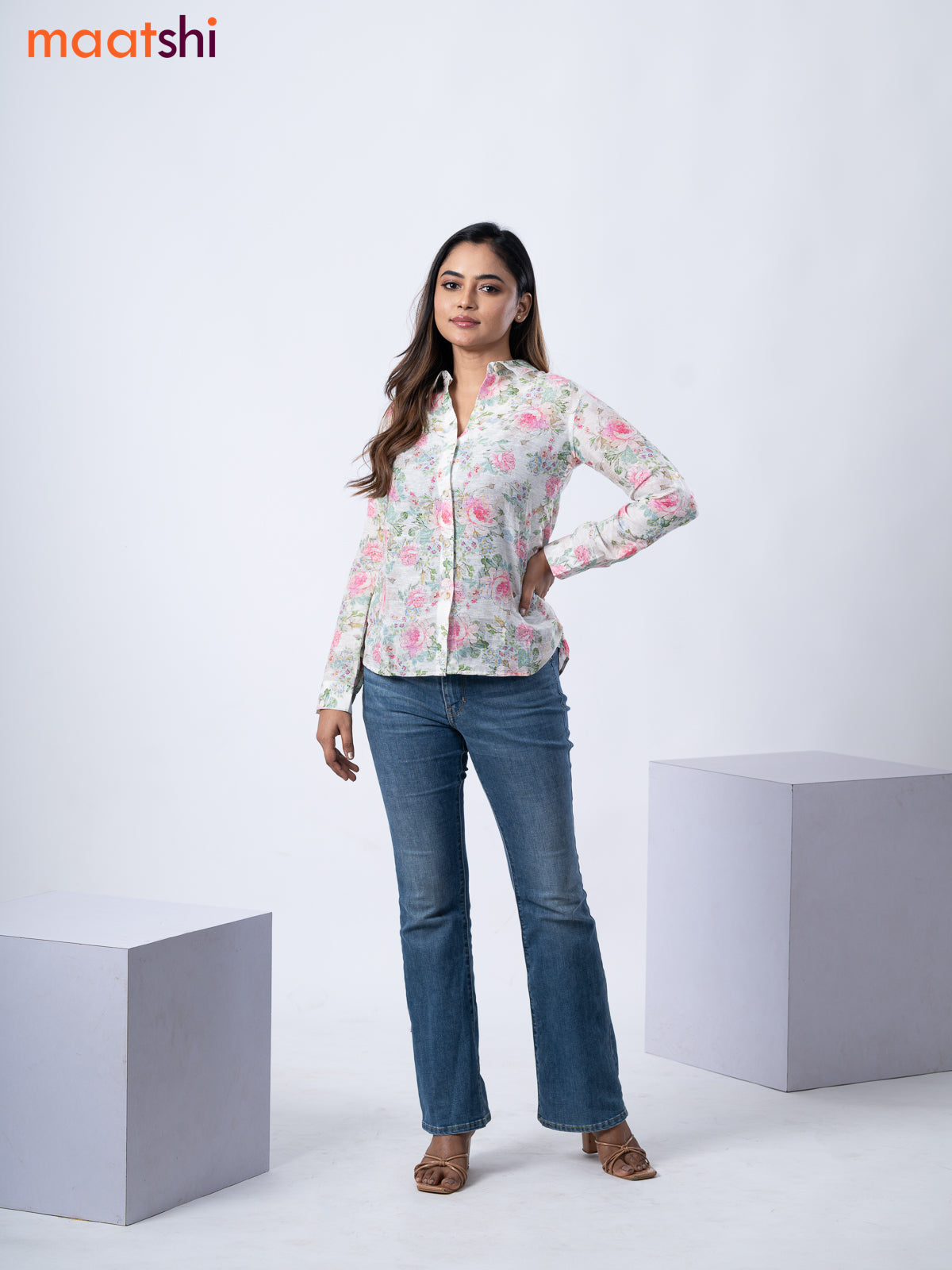 Women's shirt cream with allover floral prints and collar neck pattern