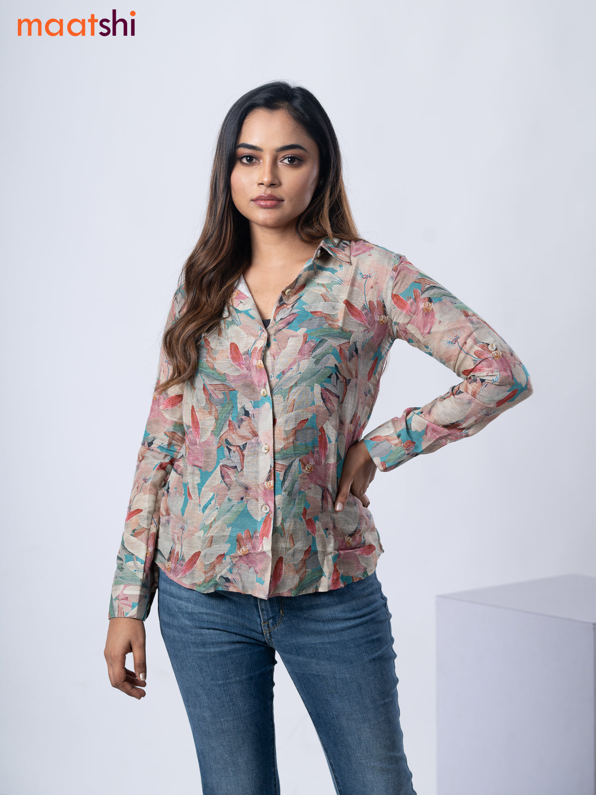 Women's shirt multi colour with allover floral prints and collar neck pattern