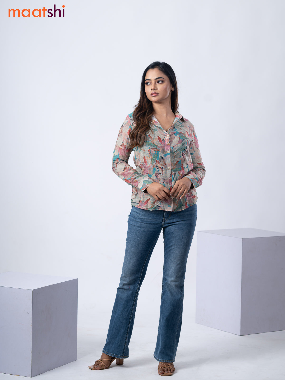 Women's shirt multi colour with allover floral prints and collar neck pattern