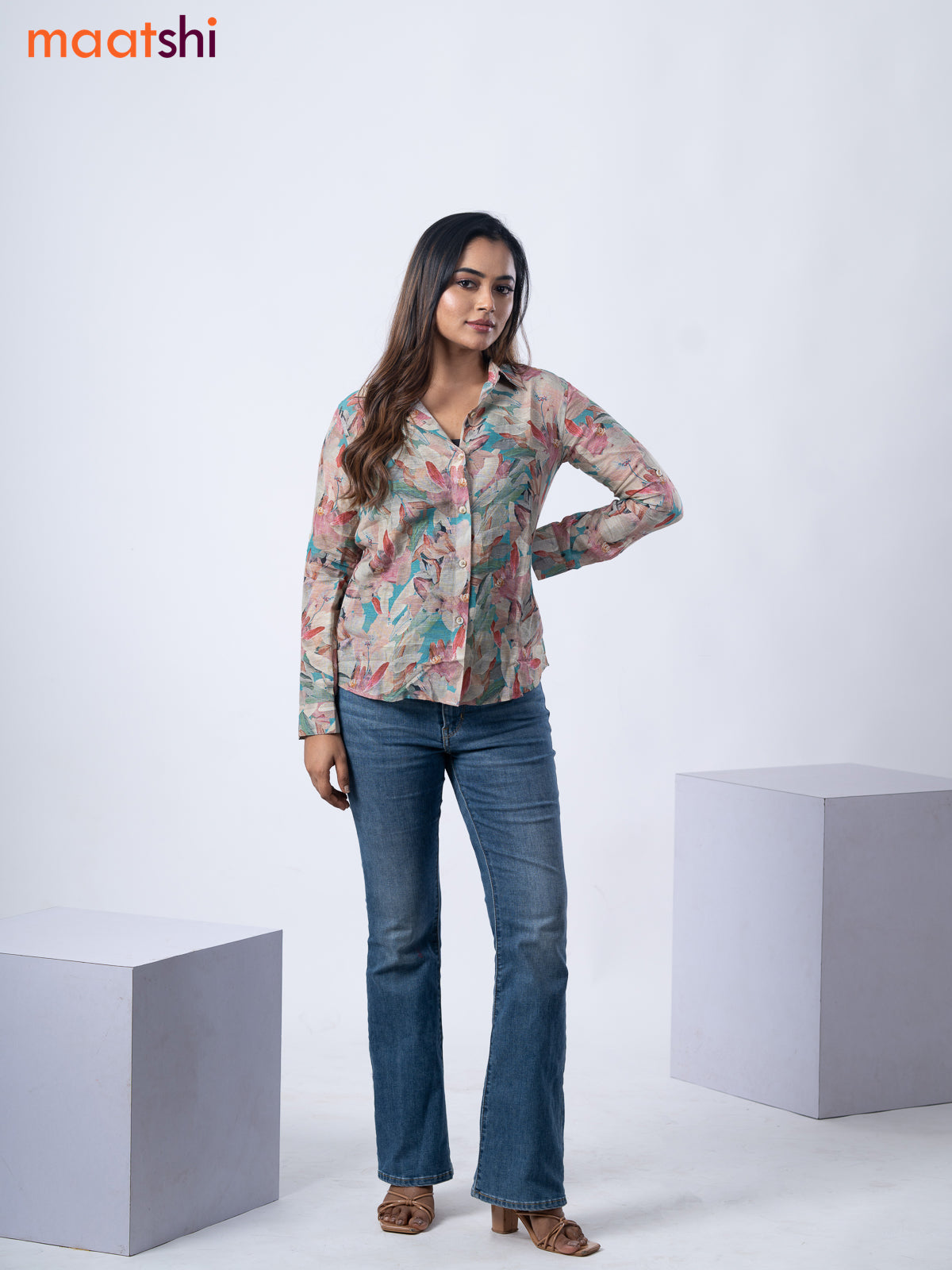 Women's shirt multi colour with allover floral prints and collar neck pattern