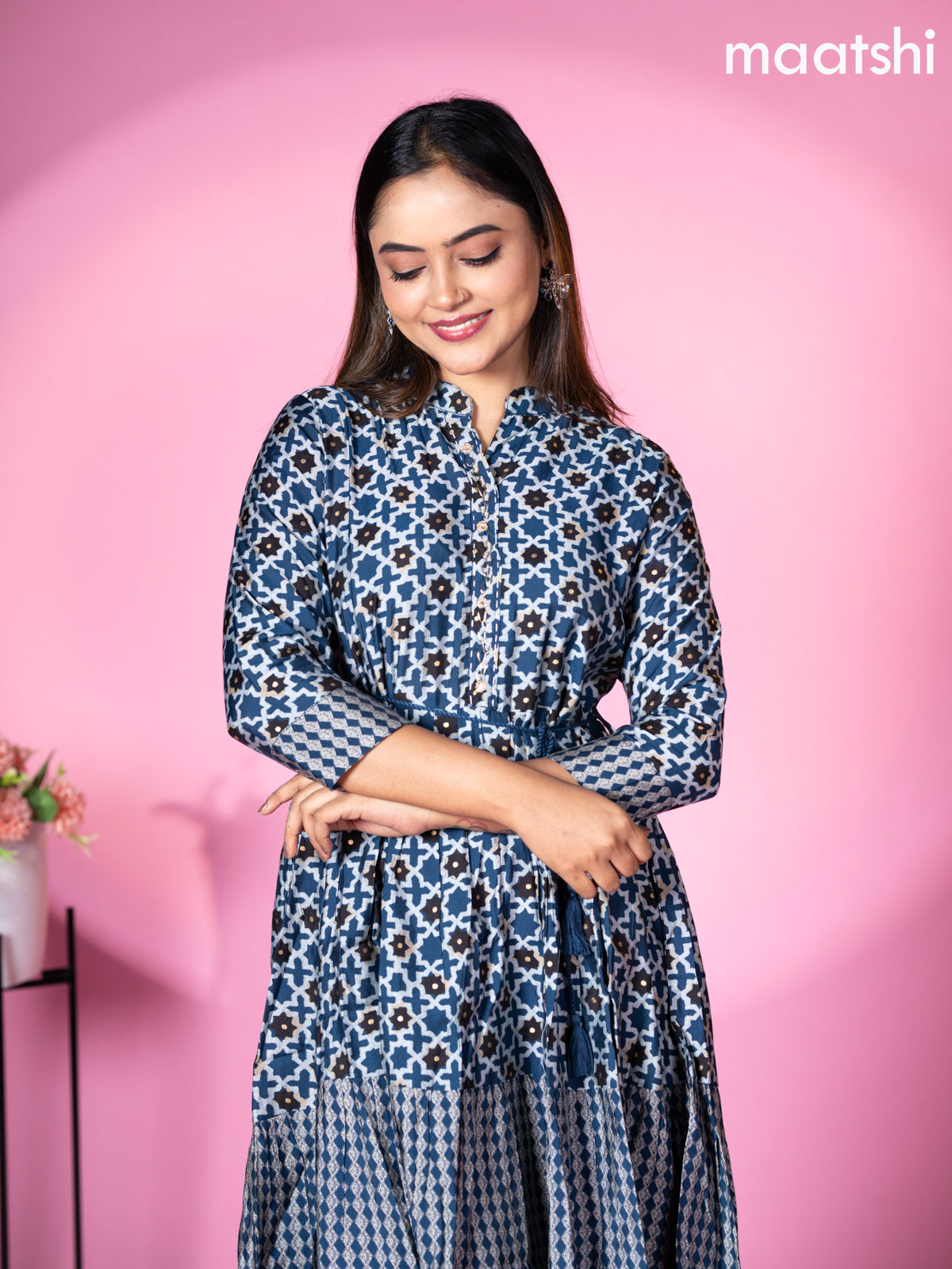 Modal readymade short umbrella kurti peacock blue with allover prints & simple embroidery work neck pattern without pant