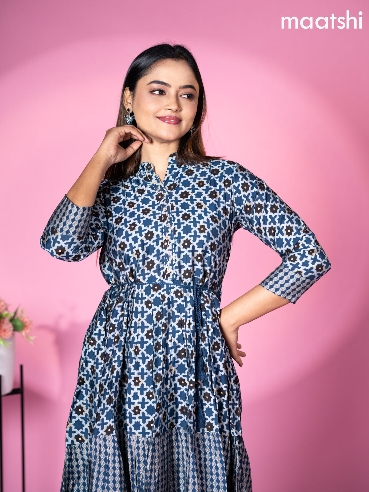 Modal readymade short umbrella kurti peacock blue with allover prints & simple embroidery work neck pattern without pant