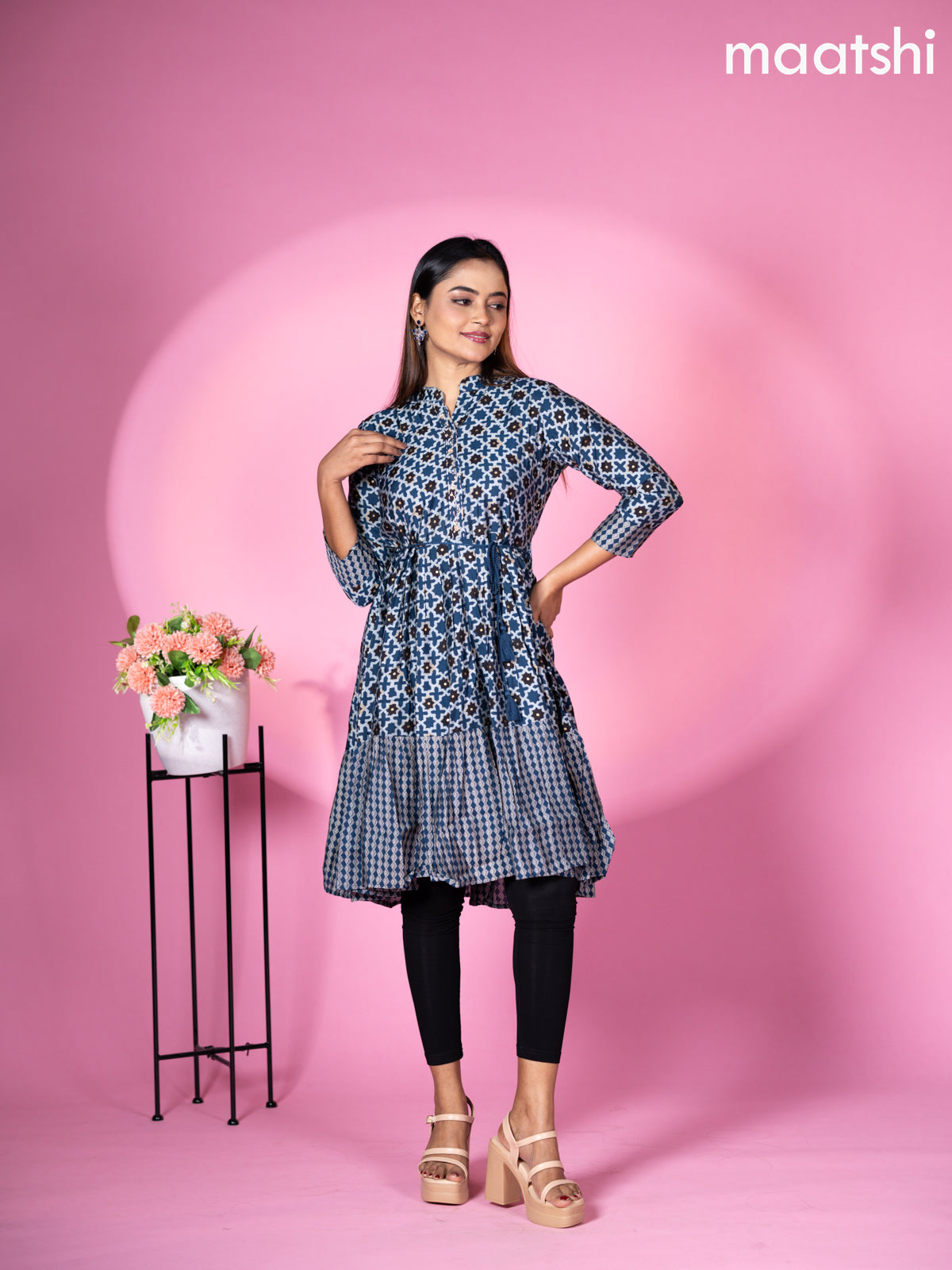 Modal readymade short umbrella kurti peacock blue with allover prints & simple embroidery work neck pattern without pant