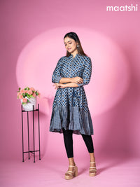 Modal readymade short umbrella kurti peacock blue with allover prints & simple embroidery work neck pattern without pant