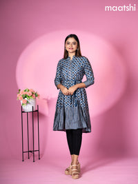 Modal readymade short umbrella kurti peacock blue with allover prints & simple embroidery work neck pattern without pant