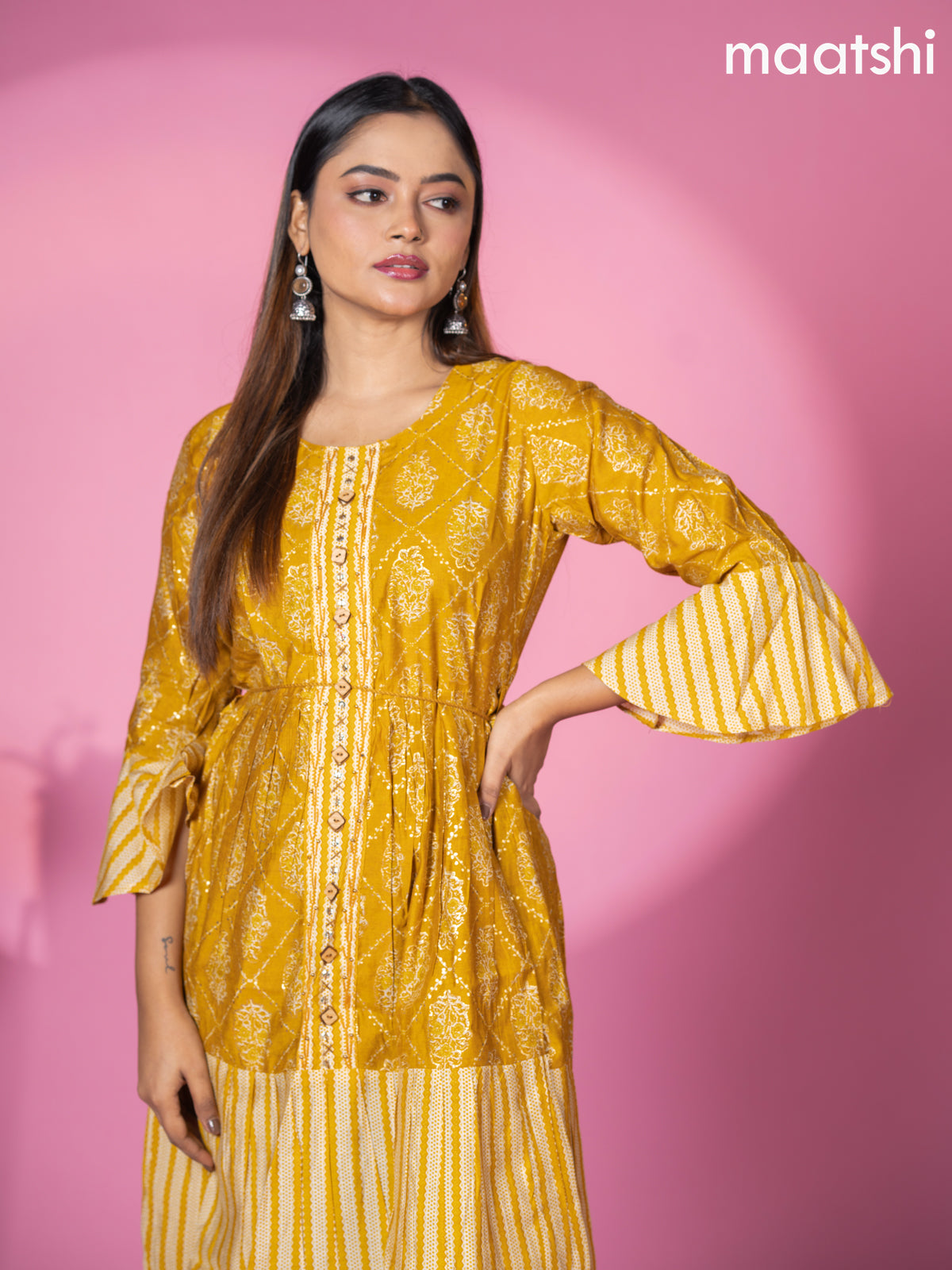 Muslin readymade short umbrella kurti mustard yellow with allover prints & embroidery work neck pattern without pant