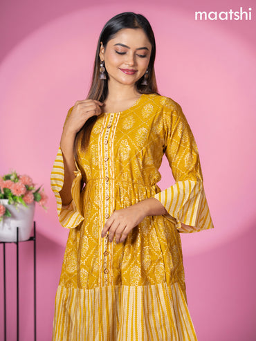 Muslin readymade short umbrella kurti mustard yellow with allover prints & embroidery work neck pattern without pant