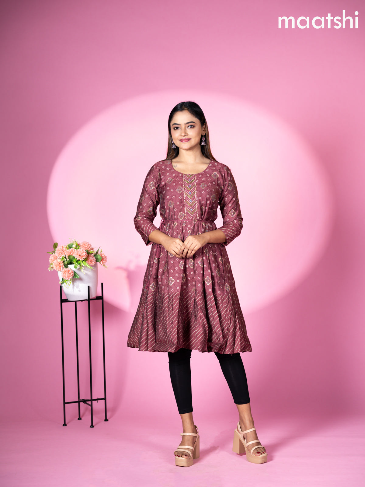 Muslin readymade short umbrella kurti pastel maroon with allover bandhani batik prints & gotapatti lace work pattern without pant