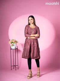 Muslin readymade short umbrella kurti pastel maroon with allover bandhani batik prints & gotapatti lace work pattern without pant