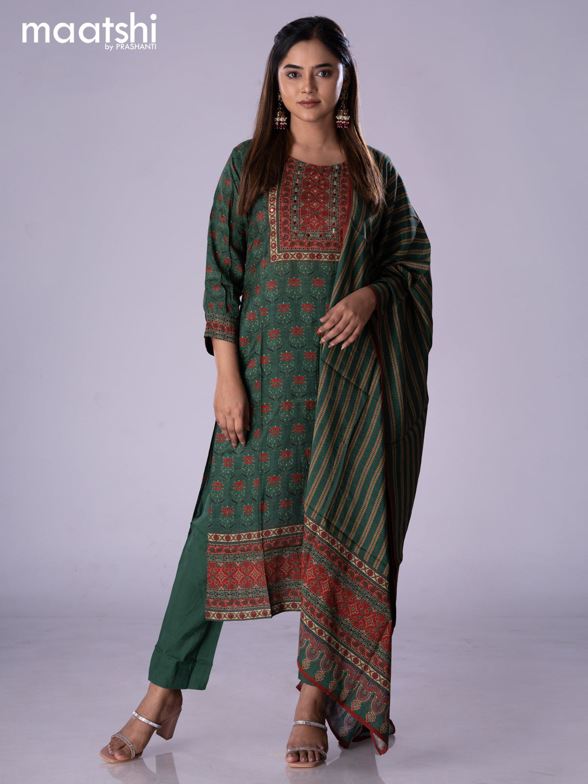 Modal readymade salwar suit green and maroon with allover floral prints & embroidery work neck pattern and straight cut pant & printed dupatta