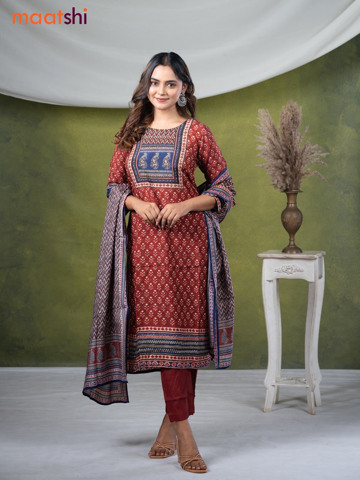 Modal readymade kurti set maroon with allover prints & stone work neck pattern and straight cut pant & printed dupatta