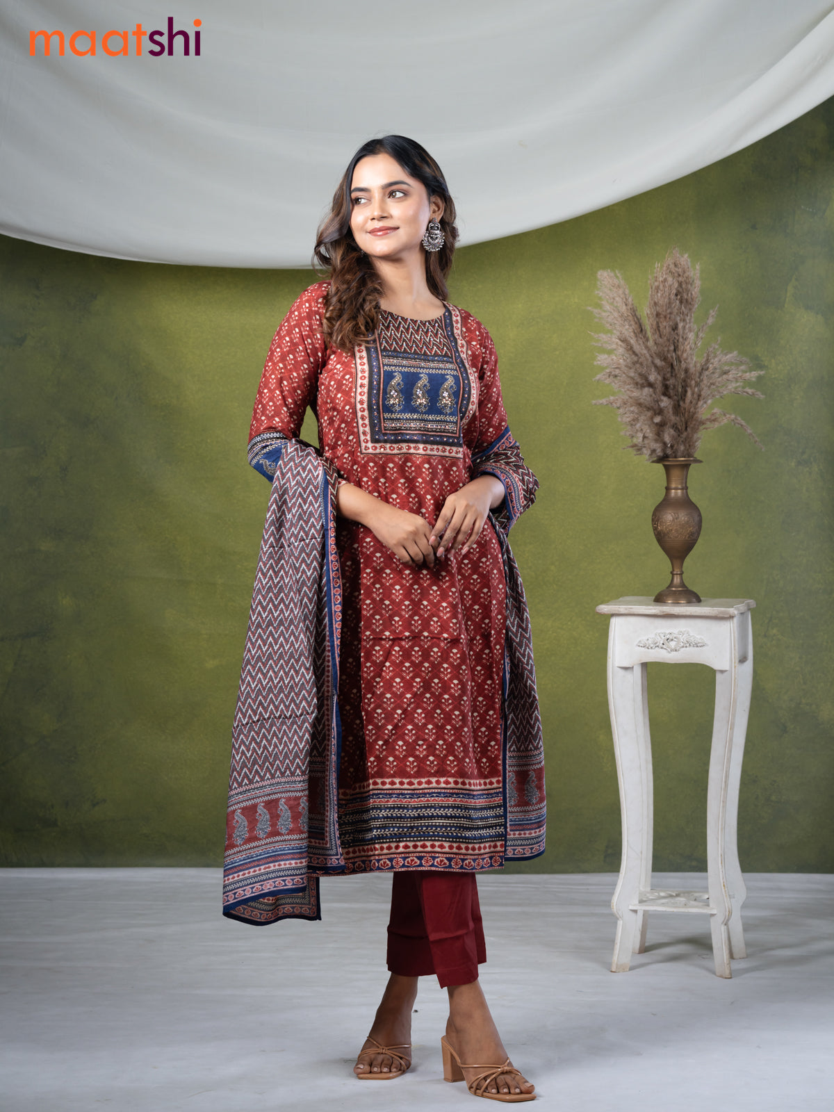 Modal readymade kurti set maroon with allover prints & stone work neck pattern and straight cut pant & printed dupatta