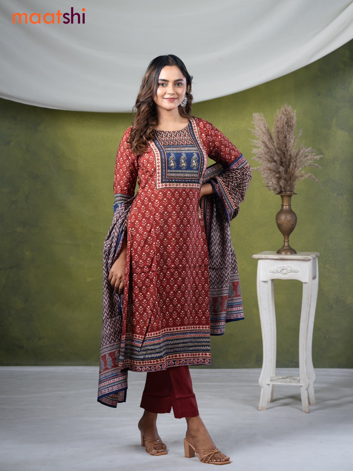 Modal readymade kurti set maroon with allover prints & stone work neck pattern and straight cut pant & printed dupatta