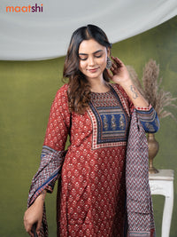 Modal readymade kurti set maroon with allover prints & stone work neck pattern and straight cut pant & printed dupatta