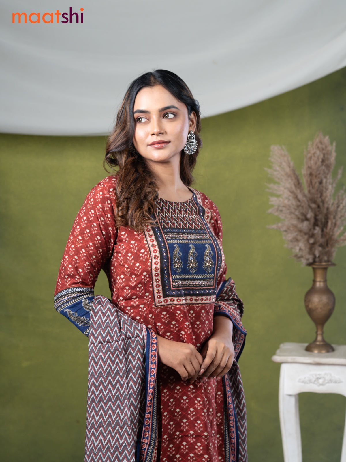 Modal readymade kurti set maroon with allover prints & stone work neck pattern and straight cut pant & printed dupatta