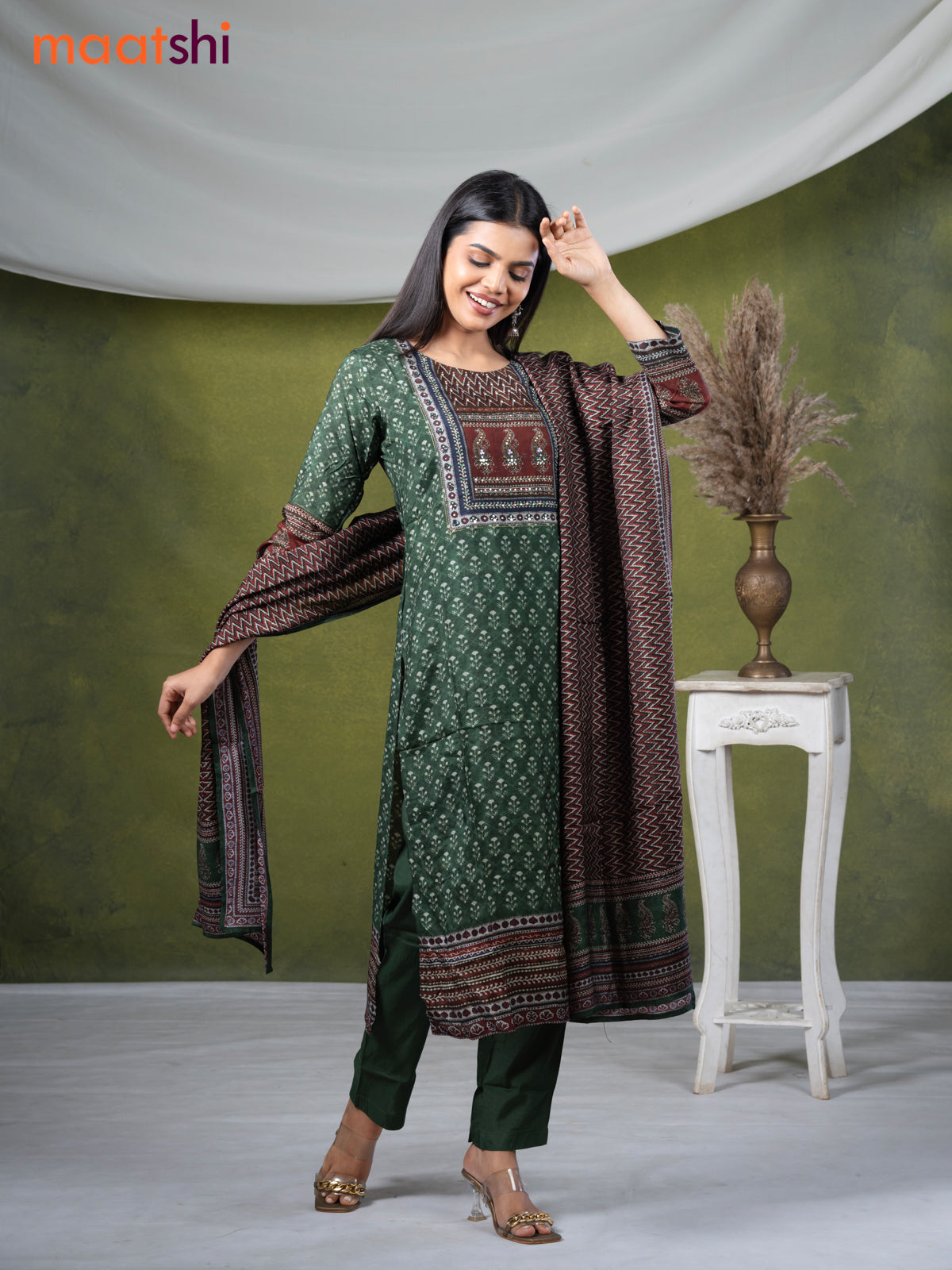 Modal readymade kurti set dark green with allover prints & stone work neck pattern and straight cut pant & printed dupatta