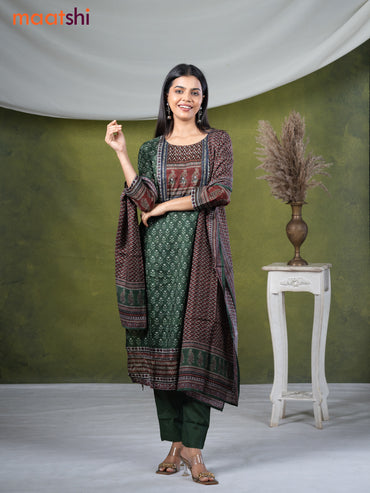 Modal readymade kurti set dark green with allover prints & stone work neck pattern and straight cut pant & printed dupatta