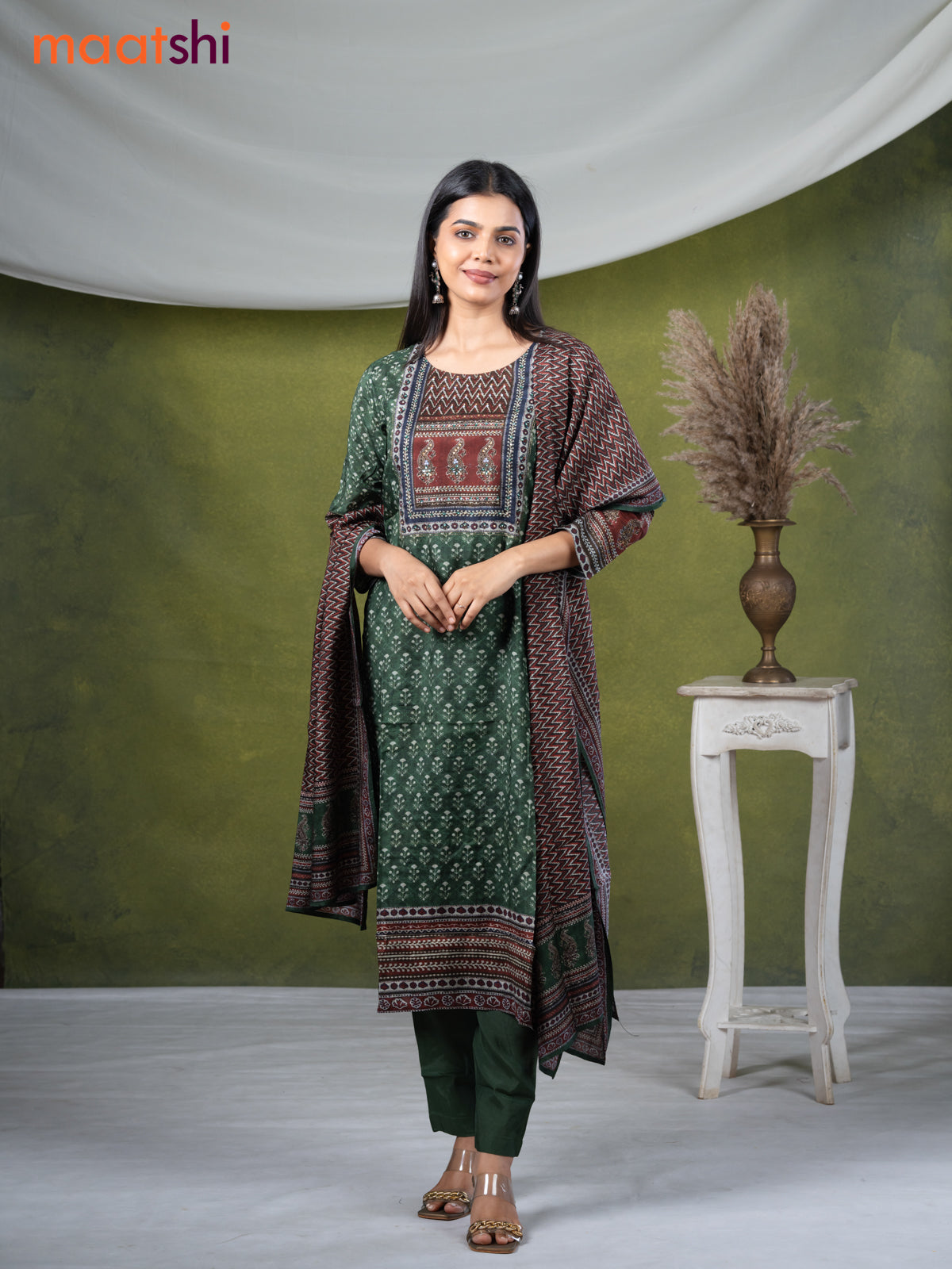 Modal readymade kurti set dark green with allover prints & stone work neck pattern and straight cut pant & printed dupatta