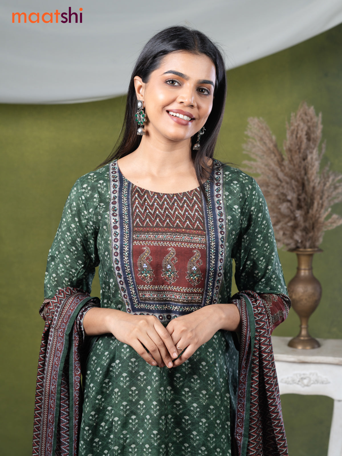 Modal readymade kurti set dark green with allover prints & stone work neck pattern and straight cut pant & printed dupatta