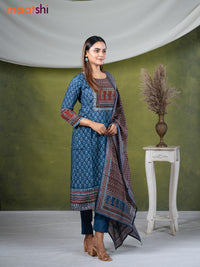 Modal readymade kurti set blue with allover prints & stone work neck pattern and straight cut pant & printed dupatta