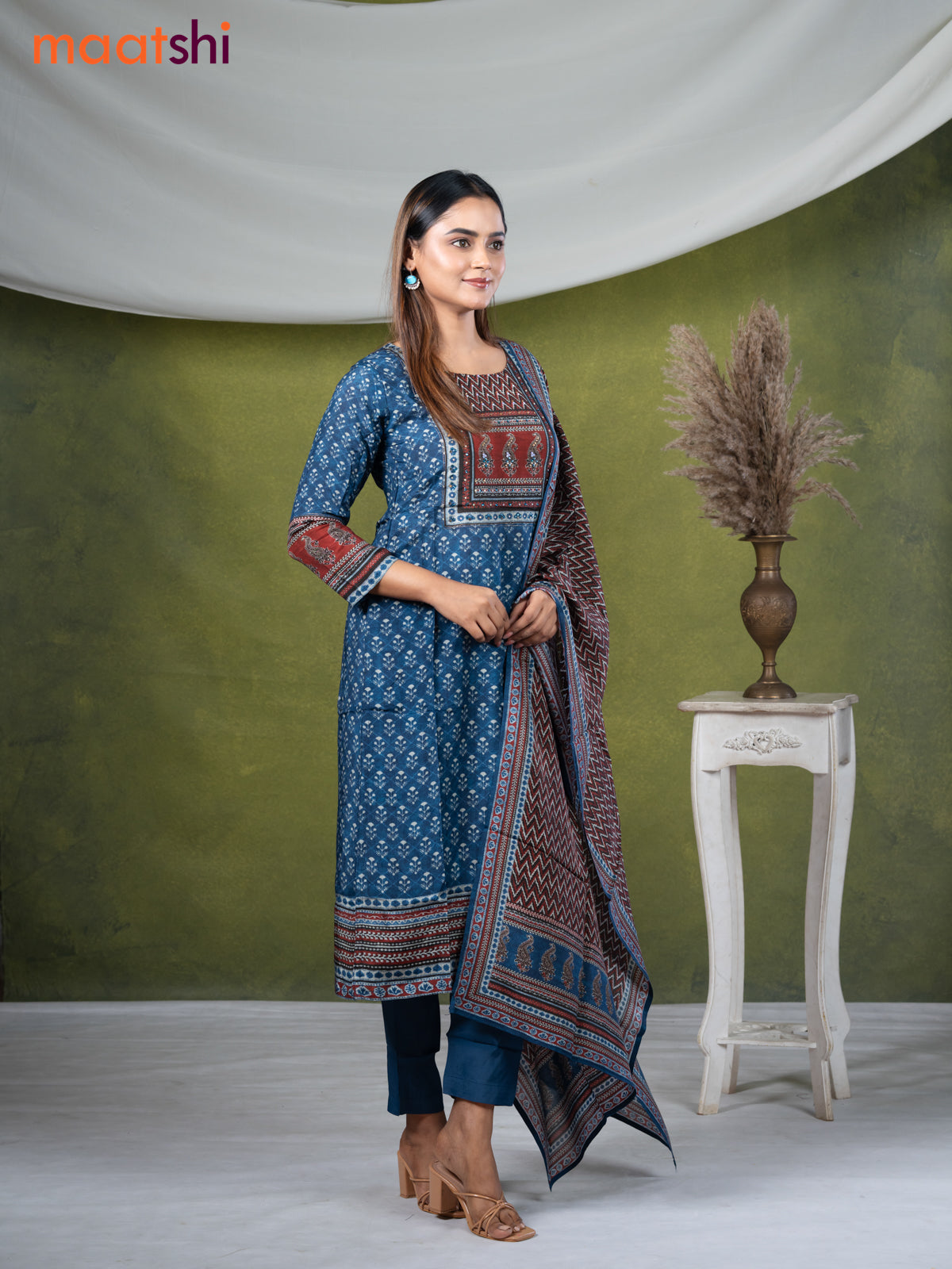 Modal readymade kurti set blue with allover prints & stone work neck pattern and straight cut pant & printed dupatta