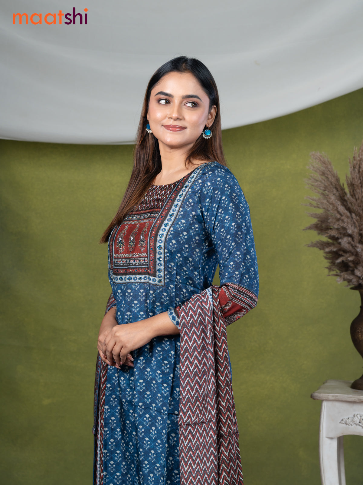 Modal readymade kurti set blue with allover prints & stone work neck pattern and straight cut pant & printed dupatta