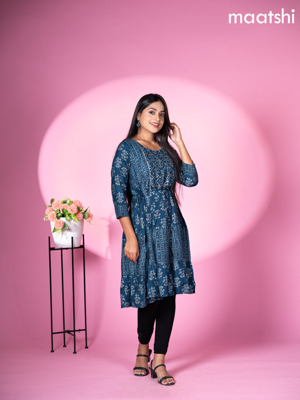 Muslin reaymade short umbrella kurti peacock blue with allover prints & mirror work neck pattern without pant