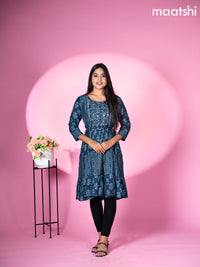 Muslin reaymade short umbrella kurti peacock blue with allover prints & mirror work neck pattern without pant