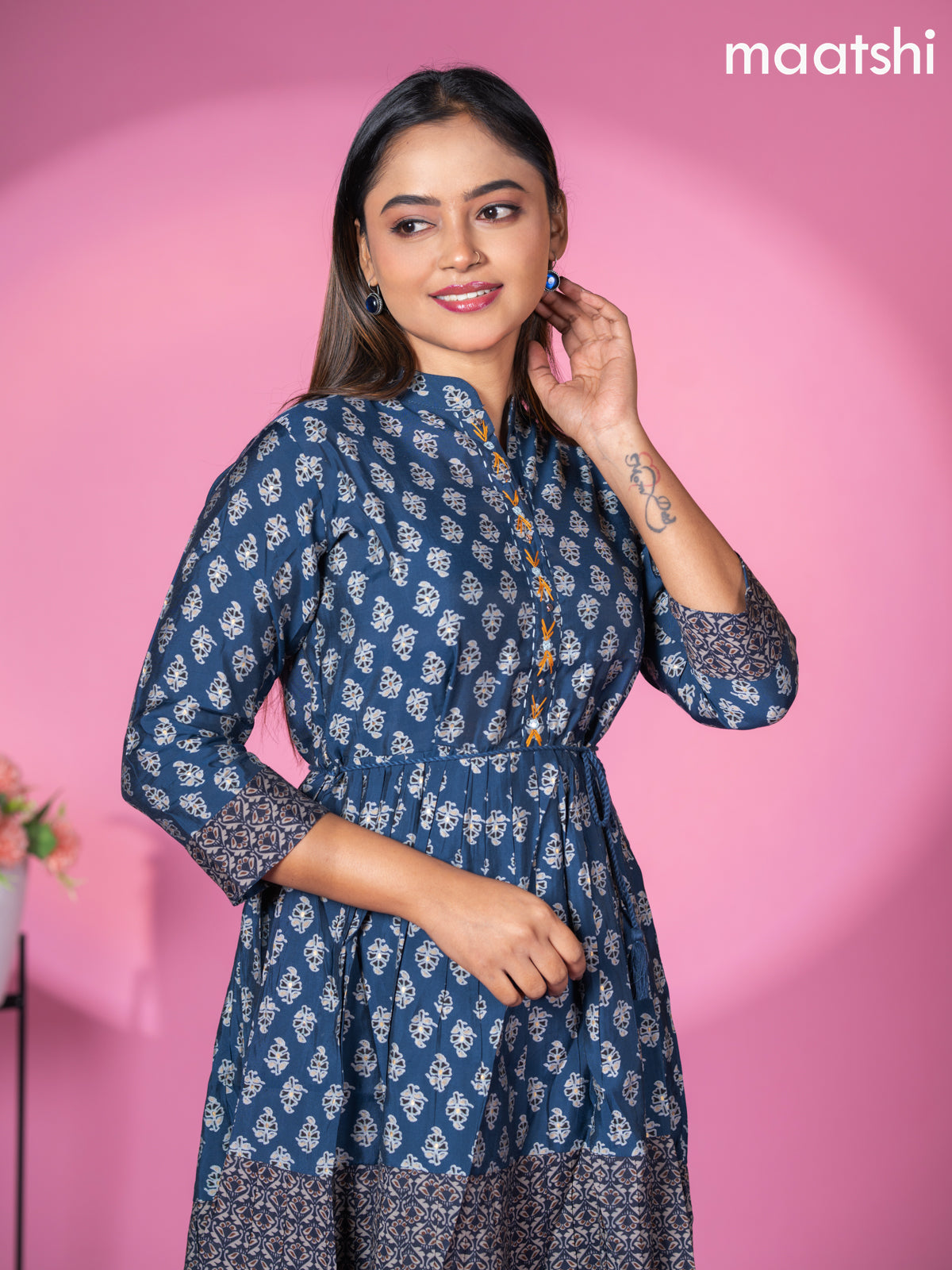 Modal readymade short umbrella kurti peacock blue with allover prints & simple embroidery work neck pattern without pant