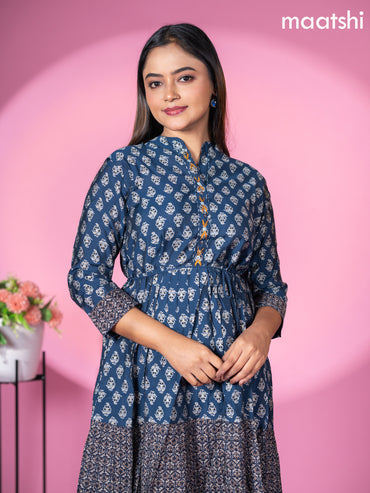 Modal readymade short umbrella kurti peacock blue with allover prints & simple embroidery work neck pattern without pant