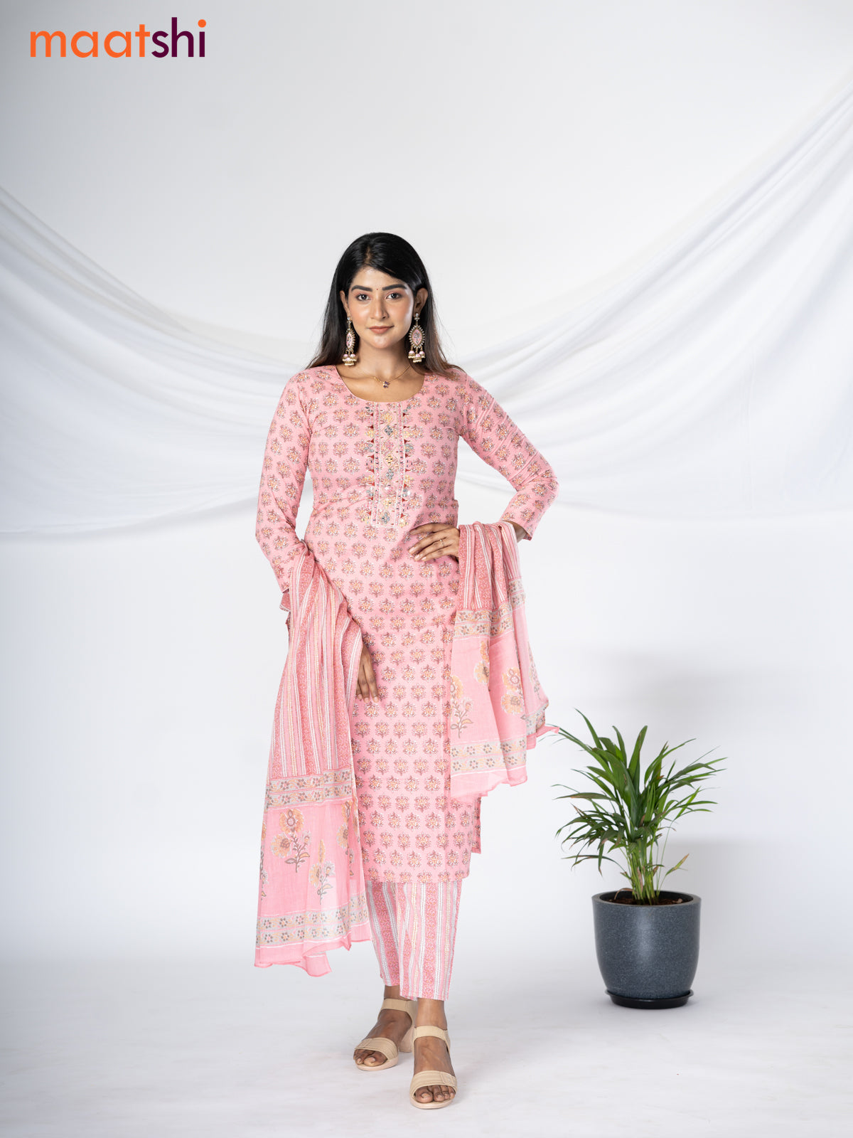 Cotton readymade salwar suit pastel pink with floral butta prints & mirror work neck pattern and straight cut pant & cotton dupatta