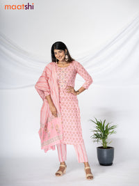 Cotton readymade salwar suit pastel pink with floral butta prints & mirror work neck pattern and straight cut pant & cotton dupatta