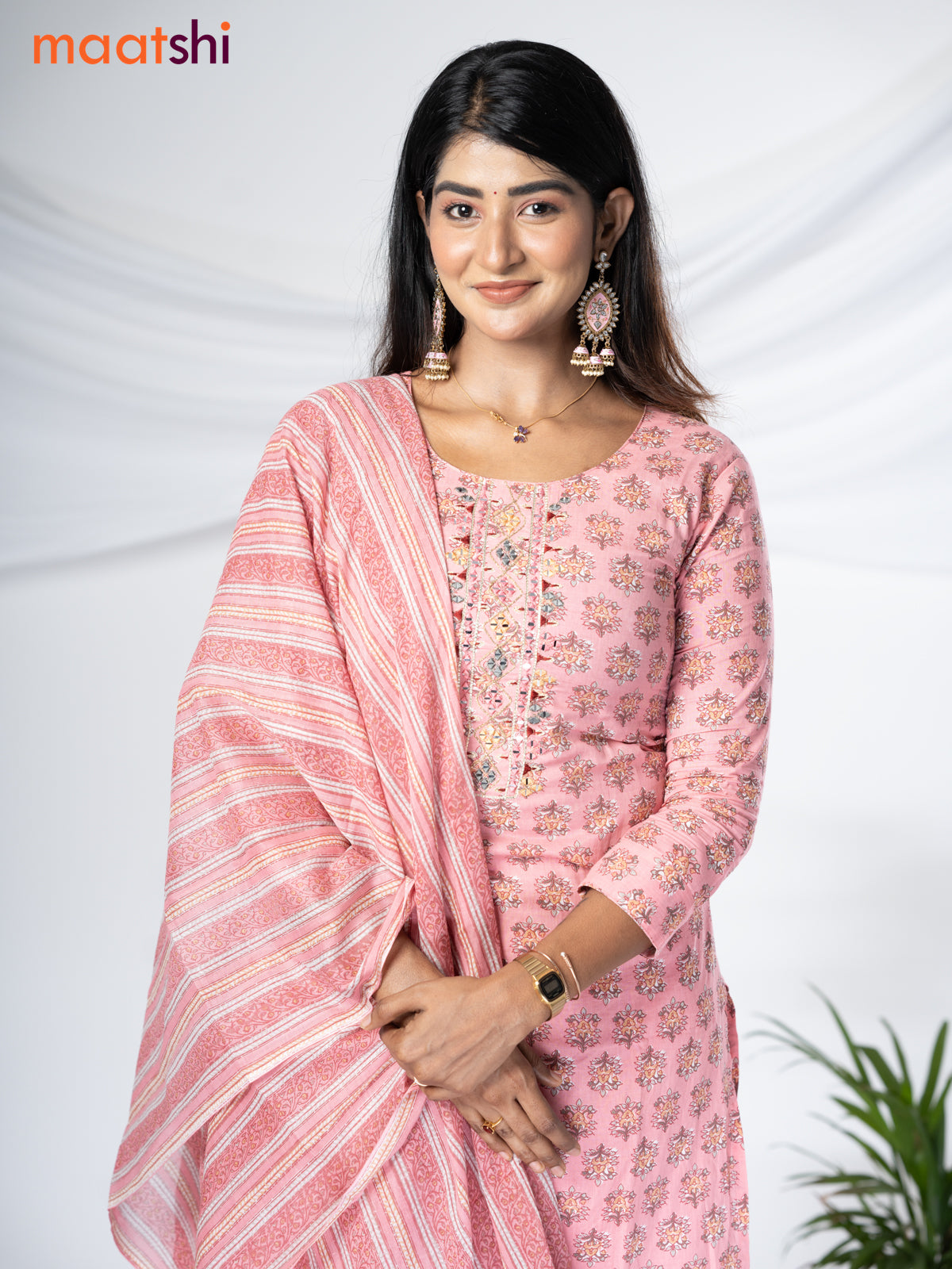 Cotton readymade salwar suit pastel pink with floral butta prints & mirror work neck pattern and straight cut pant & cotton dupatta