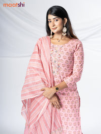 Cotton readymade salwar suit pastel pink with floral butta prints & mirror work neck pattern and straight cut pant & cotton dupatta