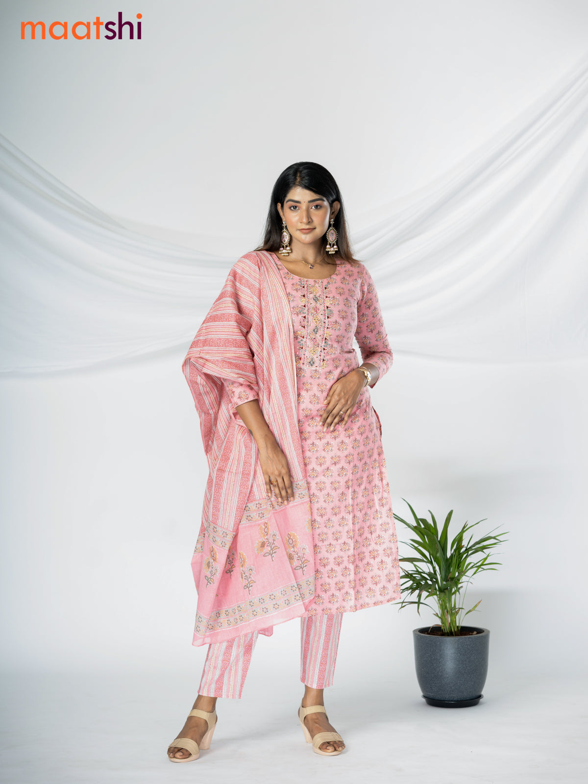 Cotton readymade salwar suit pastel pink with floral butta prints & mirror work neck pattern and straight cut pant & cotton dupatta