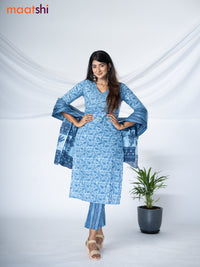 Cotton readymade salwar suit pastel blue with allover kalamkari prints & embroidery work neck pattern and straight cut pant & cotton dupatta