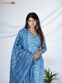 Cotton readymade salwar suit pastel blue with allover kalamkari prints & embroidery work neck pattern and straight cut pant & cotton dupatta