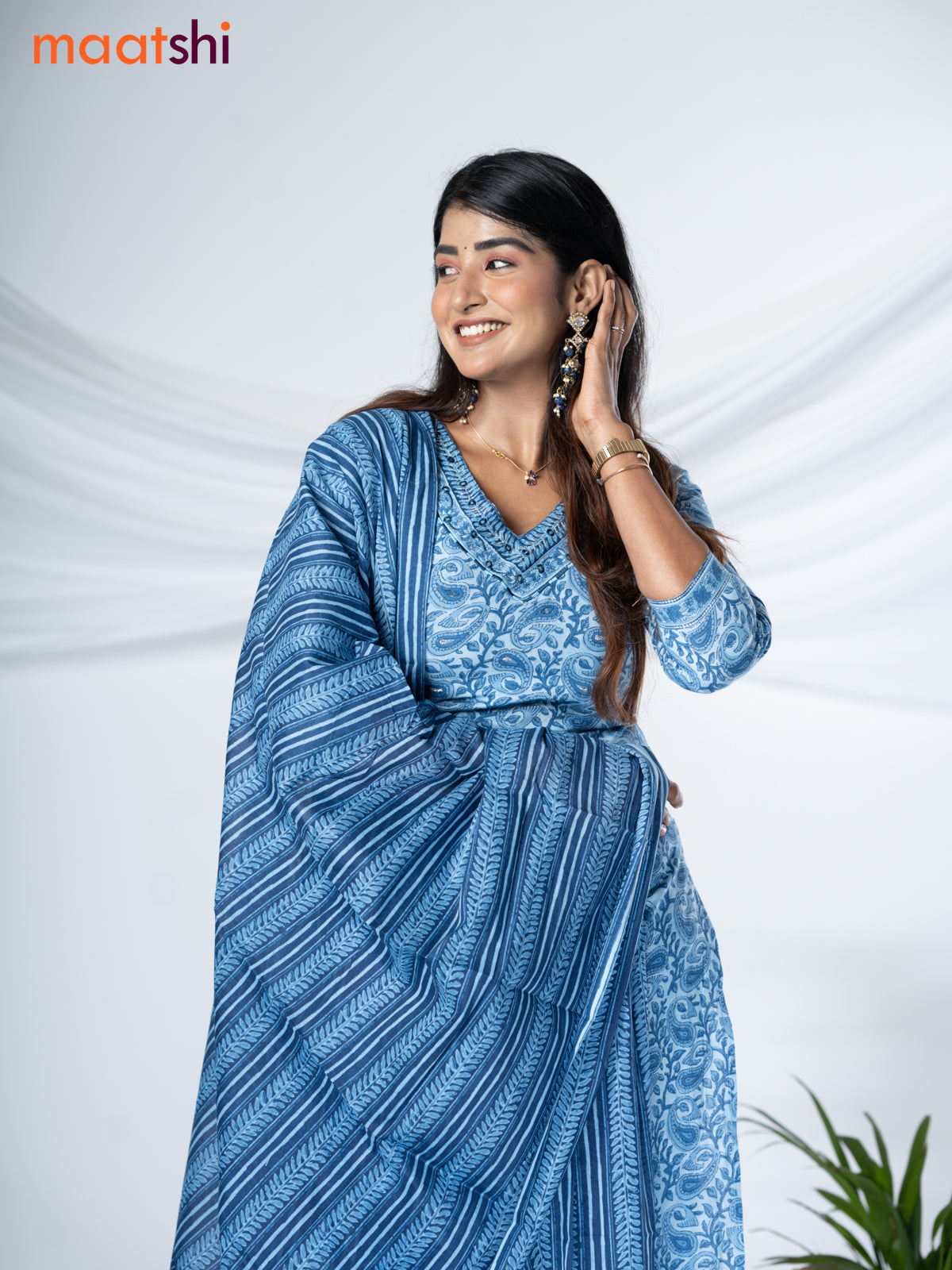 Cotton readymade salwar suit pastel blue with allover kalamkari prints & embroidery work neck pattern and straight cut pant & cotton dupatta