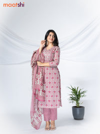 Cotton readymade salwar suit pastel grey and pink with allover prints & floral embroidery mirror work neck pattern and straight cut pant & cotton dupatta