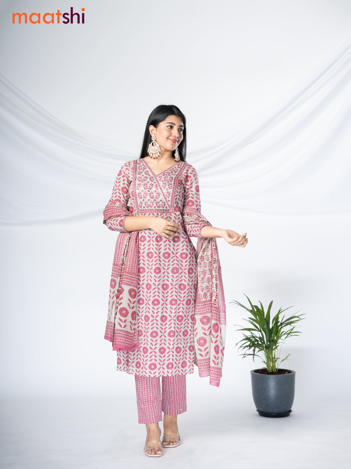 Cotton readymade salwar suit pastel grey and pink with allover prints & floral embroidery mirror work neck pattern and straight cut pant & cotton dupatta