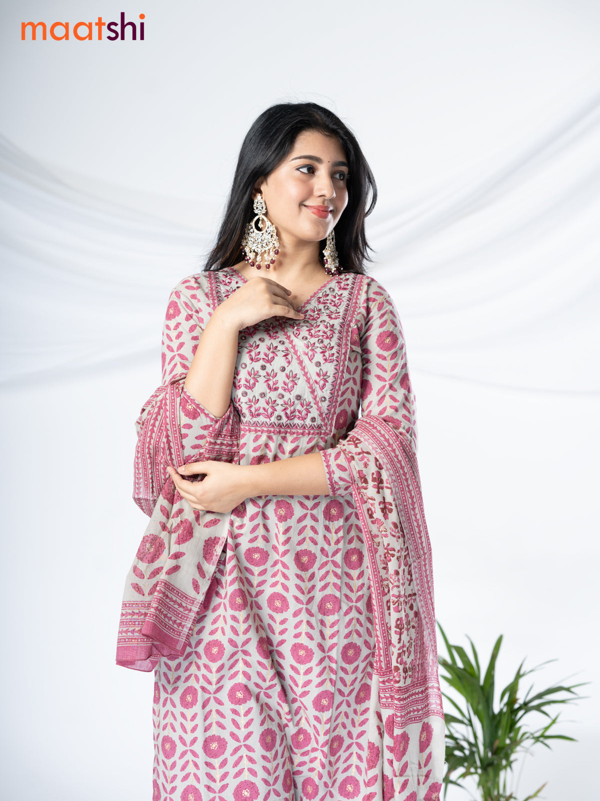 Cotton readymade salwar suit pastel grey and pink with allover prints & floral embroidery mirror work neck pattern and straight cut pant & cotton dupatta