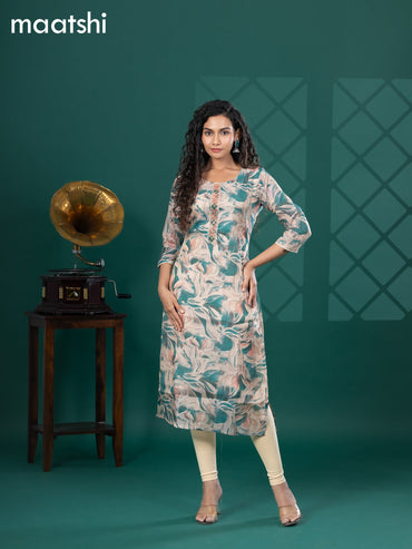 Tissue readymade kurti beige and teal green with allover floral prints & beaded mirror work neck pattern without bottom